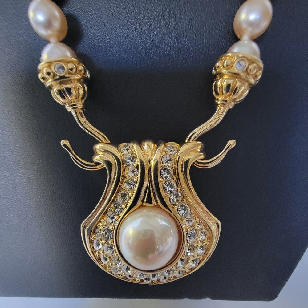 Nolan Miller Gold Faux Pearl Necklace Pave Crystals Lyre Shaped Pendant